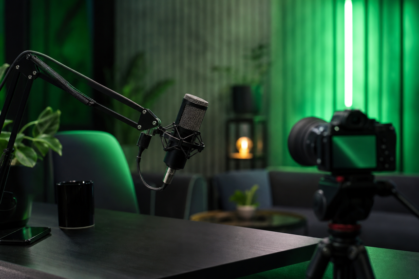 Microfone e câmera em estúdio de videocast representando a monetização de podcasts no Spotify