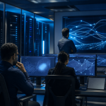 Centro de operações de segurança com servidores e visualizações abstratas representando agentes de inteligência artificial protegendo dados corporativos