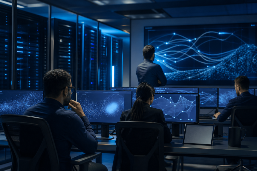 Centro de operações de segurança com servidores e visualizações abstratas representando agentes de inteligência artificial protegendo dados corporativos